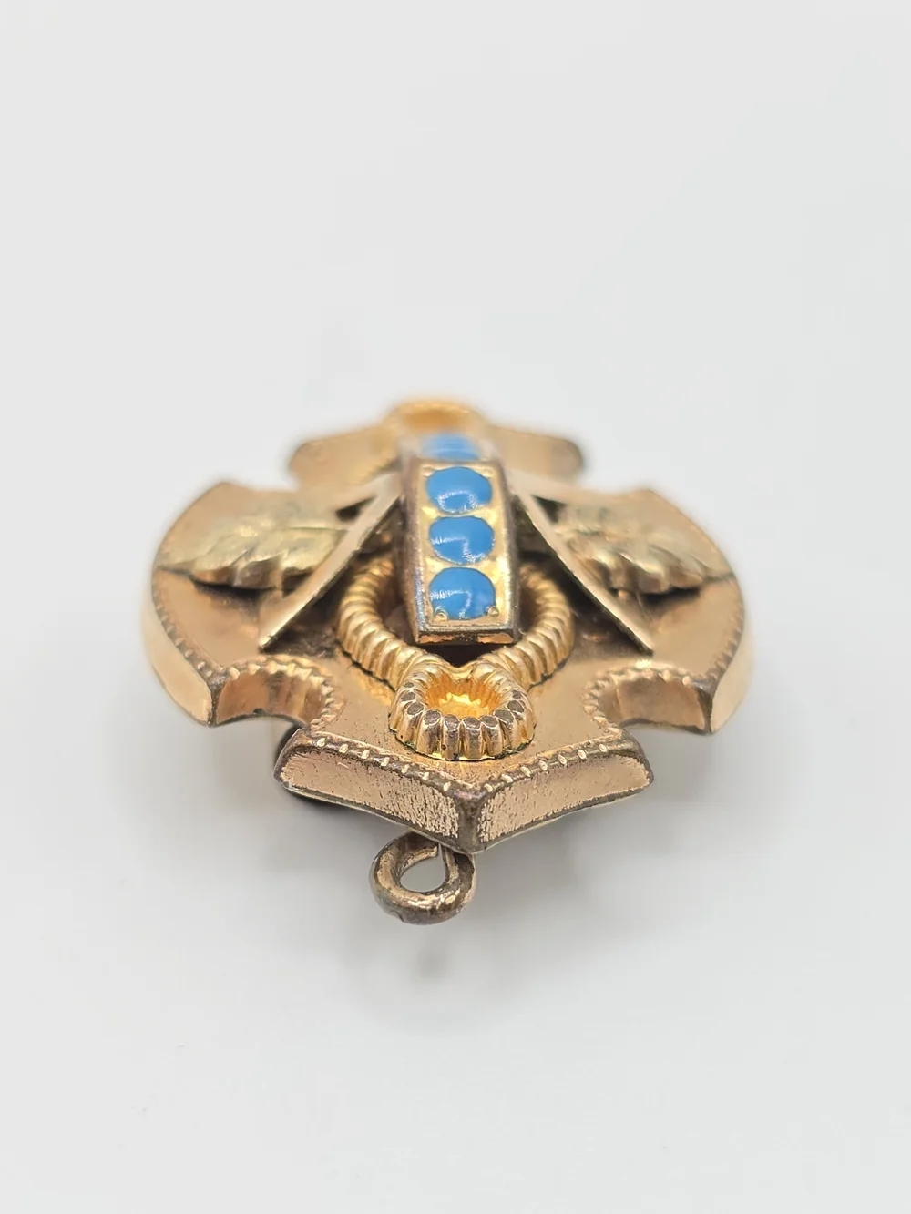Antique Victorian Watch Chain Slide Etruscan Revival Blue Enamel Gilt 1-1/8